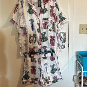 Stylish Women's Pajama Set - White with Red, Green, and Blue Patterns
